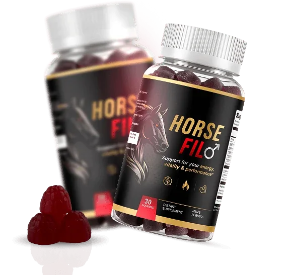 Two HorseFil bottles beside three dark red gummies