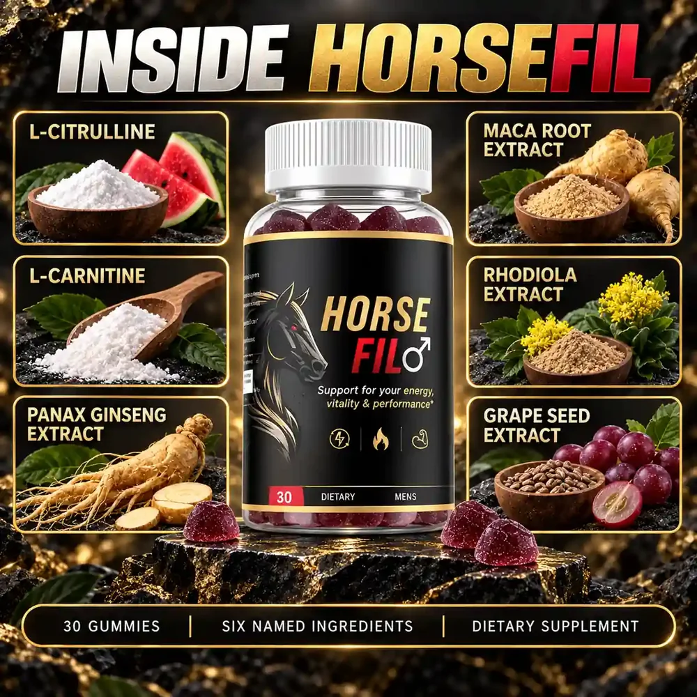 Inside HorseFil: L-citrulline, L-carnitine, Panax ginseng extract, maca root extract, rhodiola extract, grape seed extract